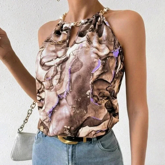 Frenchy Women's Marble Print Halter Neck Blouse - Picture 5 of 5